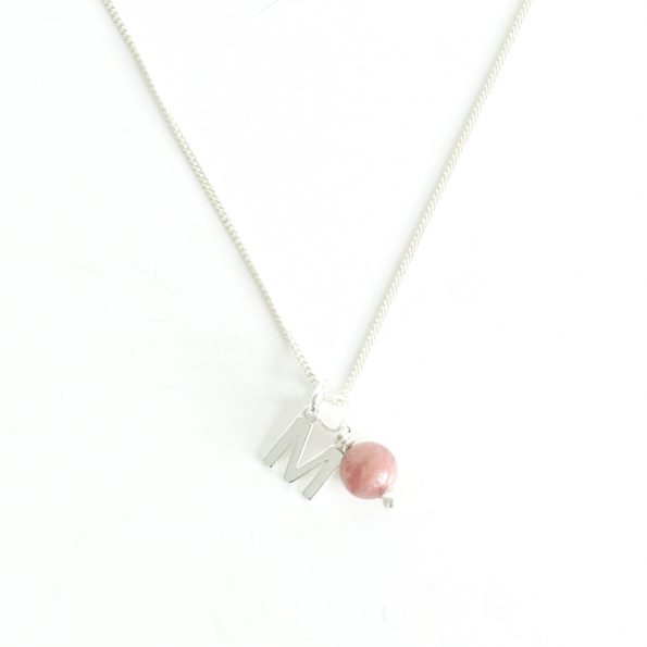 Silver initial necklace rhodochrosite